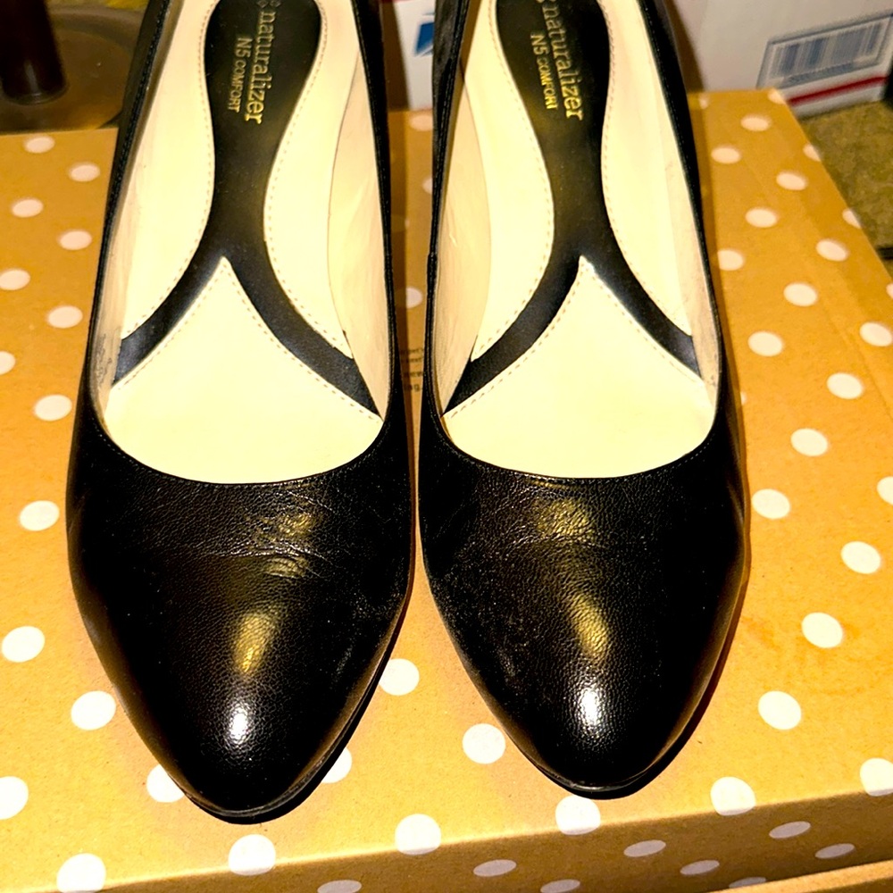 Naturalized black leather pumps 3” heels worn 1x w/box